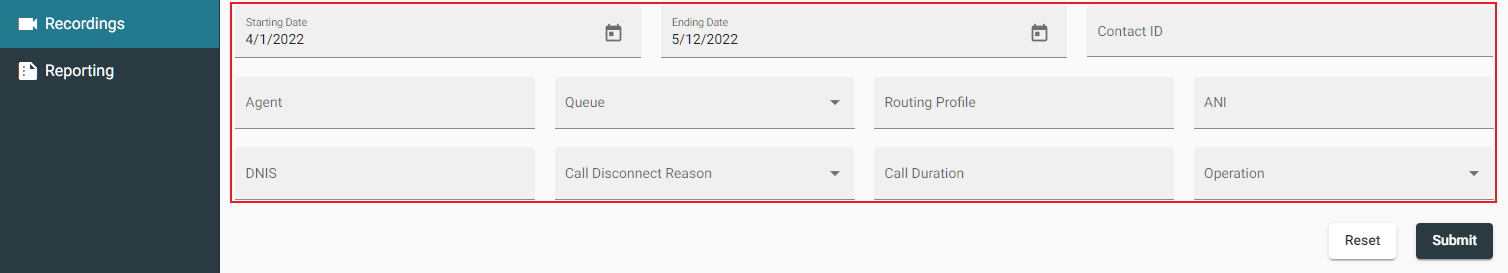 Quality Management Admin Recordings Page - Filters