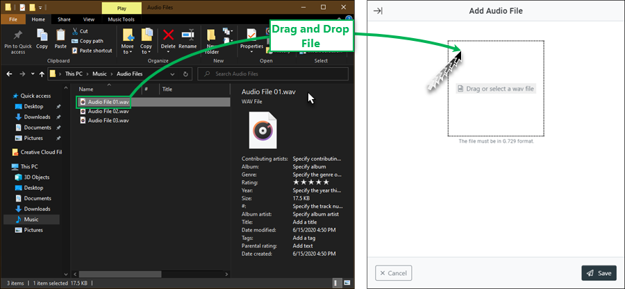 Drag and drop audio file to Add Audio File dialog