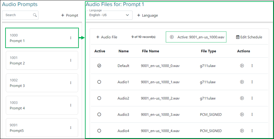 Audio Files for selected audio prompt section