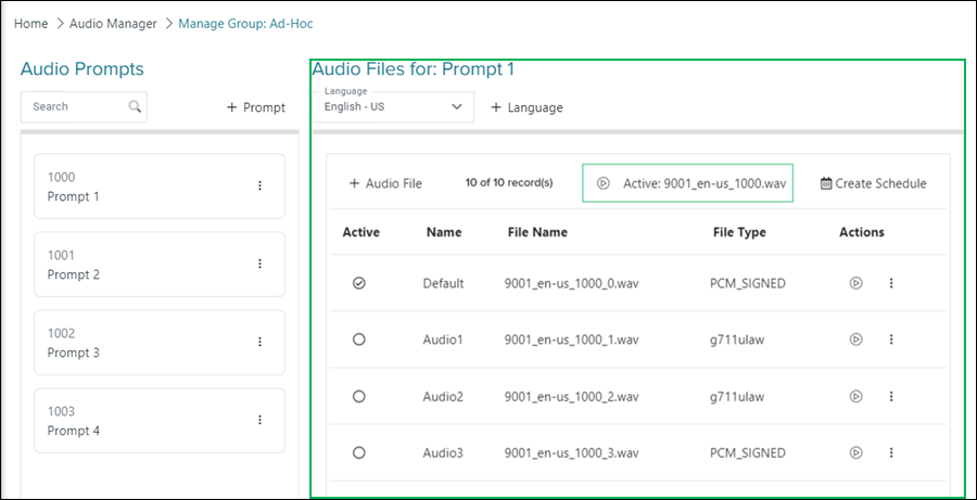Manage Audio Group interface - Audio Files section
