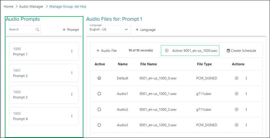 Manage Audio Group interface - Audio Prompts section