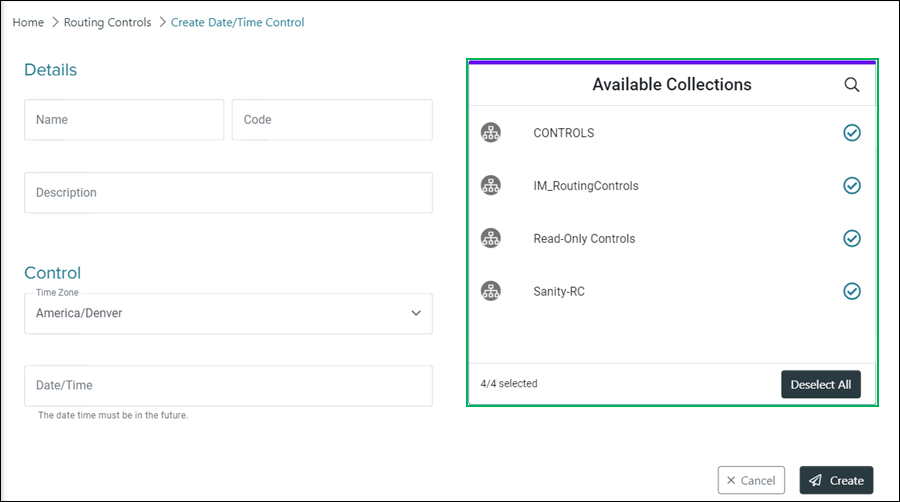 Create Date/Time Control Available Collections section