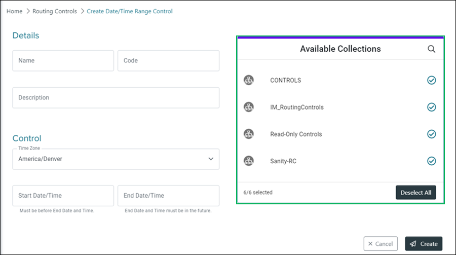 Create Date/Time Range Control Available Collections section