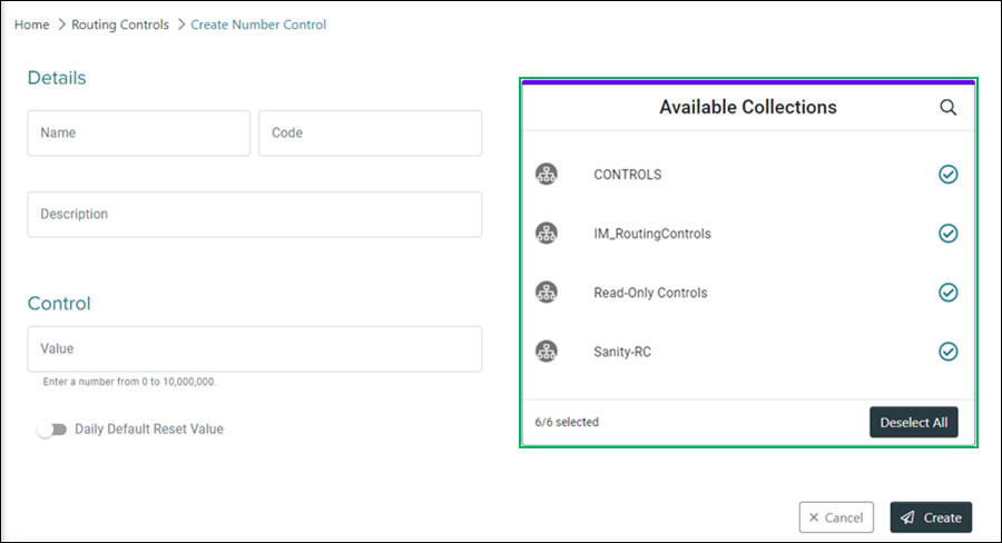 Create Number Control Available Collections section