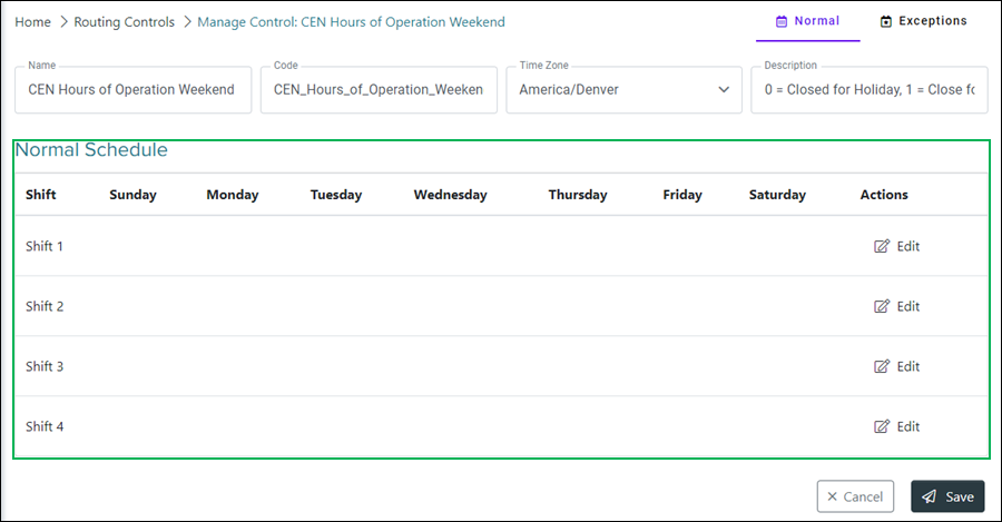 Manage Schedule Control Normal Schedule section