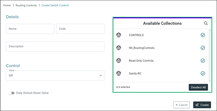Create Switch Control Available Collections section