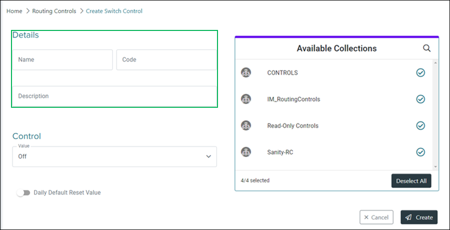 Create Switch Control Details section