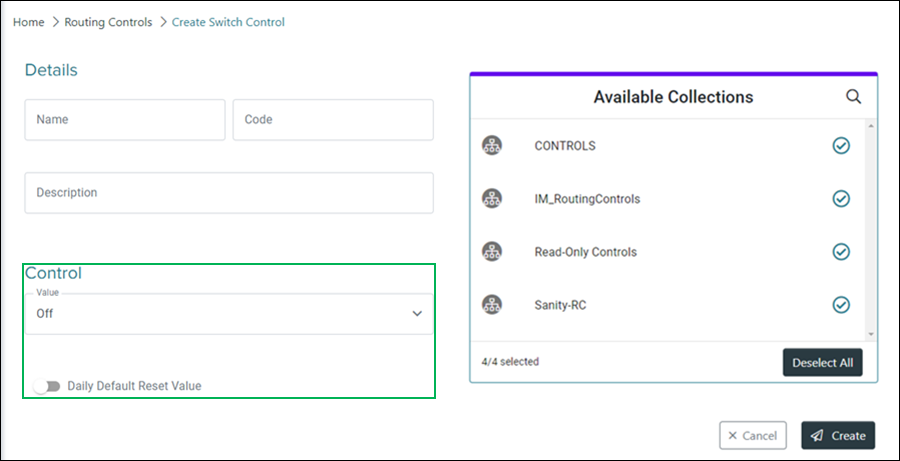 Create Switch Control Settings section