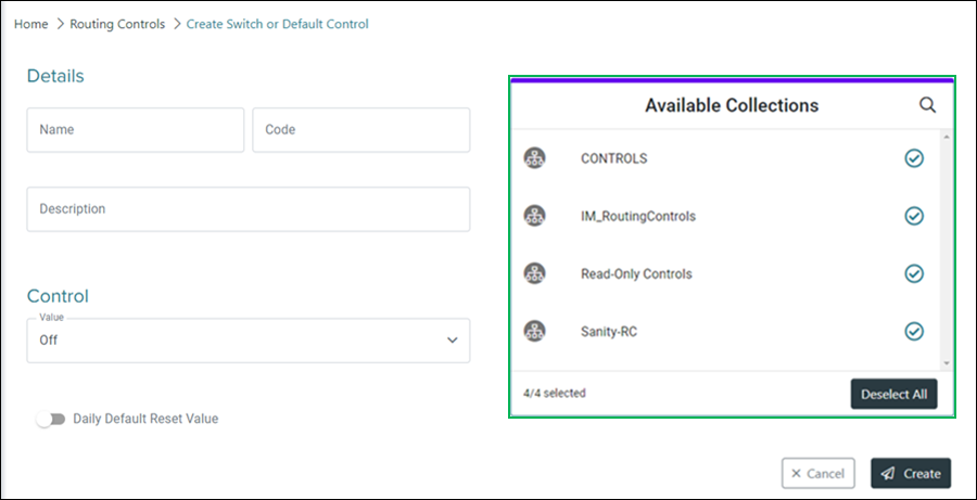 Create Switch or Default Control Available Collections section