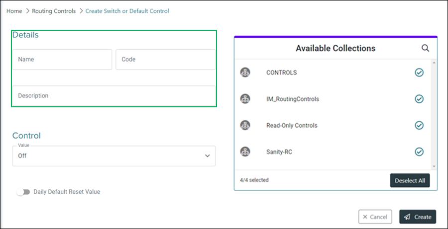 Create Switch or Default Control Details section