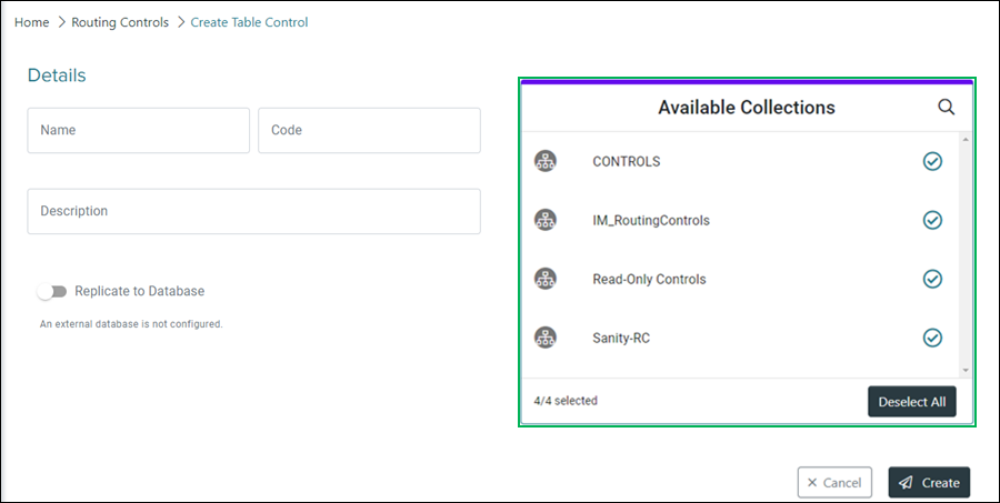 Create Table Control Available Collections section