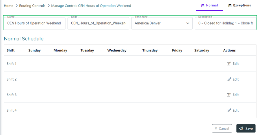 Manage Schedule Control Details section