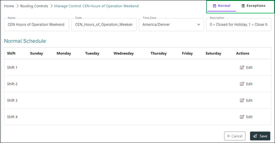 Manage Schedule Control Normal and Exceptions tab