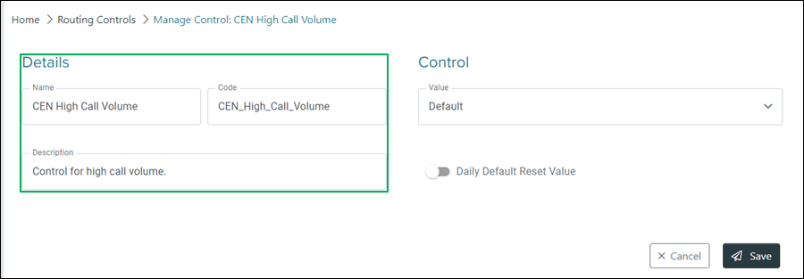 Manage Switch or Default Control Details section