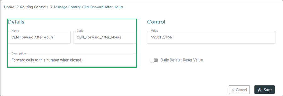 Manage Control Details section