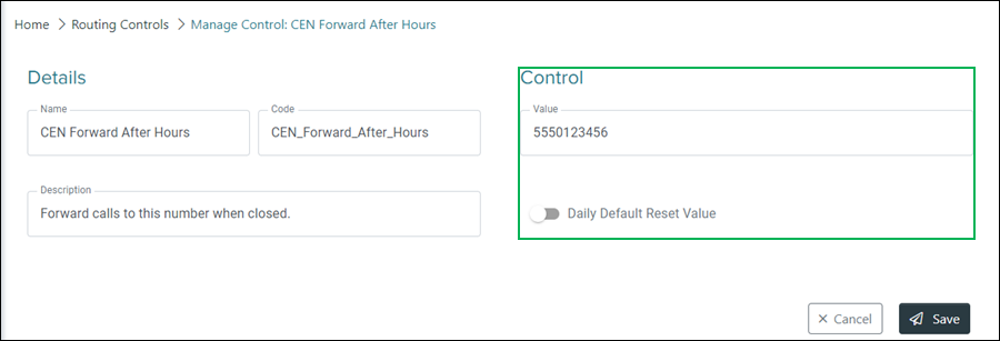 Manage Control settings section