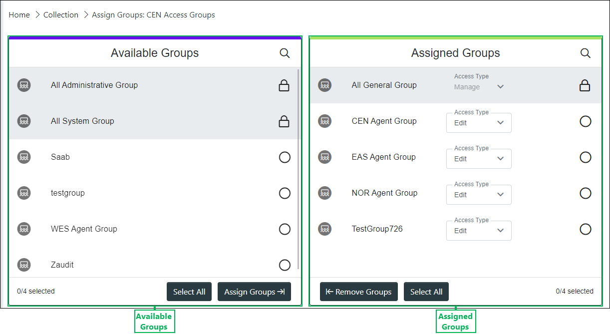 Assign Groups Interface