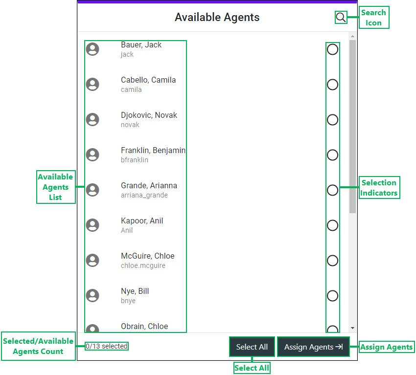 Available Agents interface