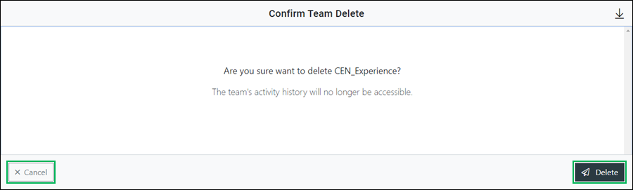 Delete team confirmation panel