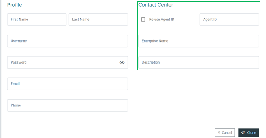Clone User Contact Center section