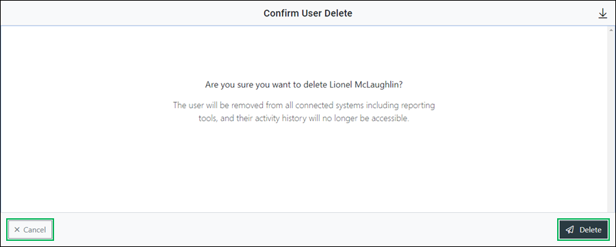 Delete user confirmation panel
