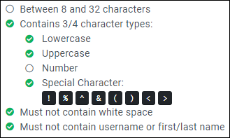 Password requirements check list