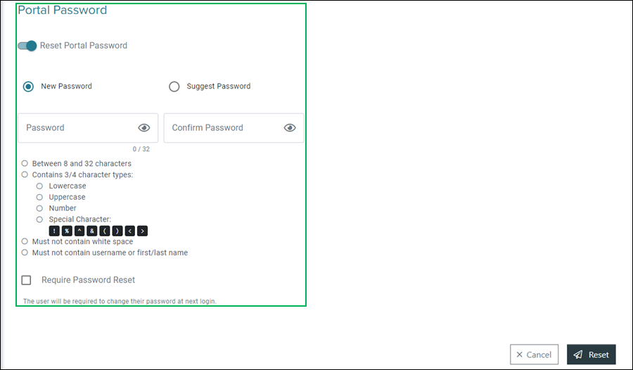 Reset User Password interface