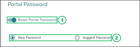 Reset Portal Password slider and New Password or Suggest Password options